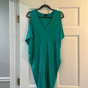 Open shoulder fitted dress in teal green